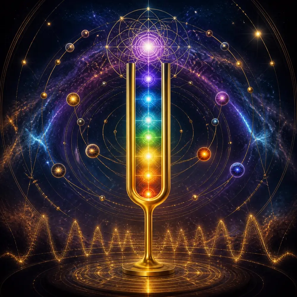 Golden tuning fork surrounded by chakra light and aura waves